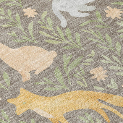 3' X 5' Taupe And Green Forest Animals And Botanical Leaves Washable Area Rug HomeRoots