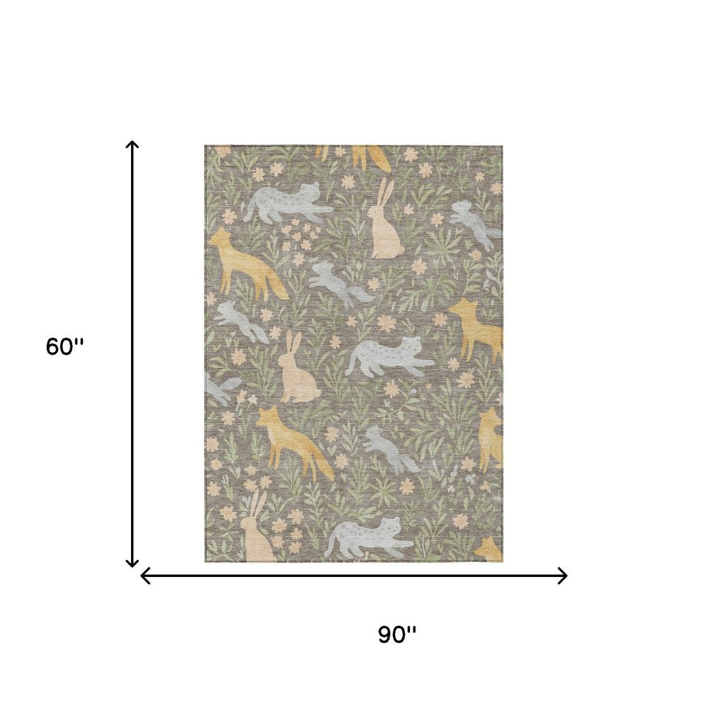 3' X 5' Taupe And Green Forest Animals And Botanical Leaves Washable Area Rug HomeRoots