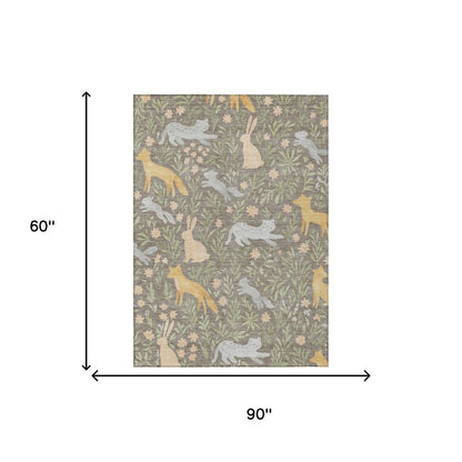 3' X 5' Taupe And Green Forest Animals And Botanical Leaves Washable Area Rug HomeRoots