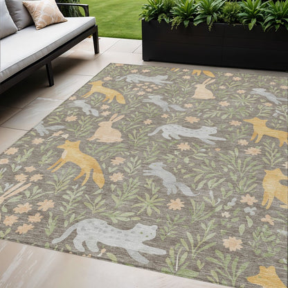 3' X 5' Taupe And Green Forest Animals And Botanical Leaves Washable Area Rug HomeRoots