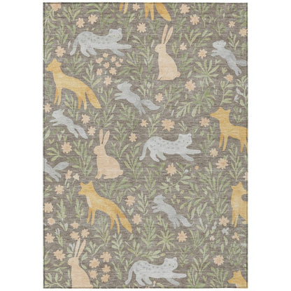 3' X 5' Taupe And Green Forest Animals And Botanical Leaves Washable Area Rug HomeRoots