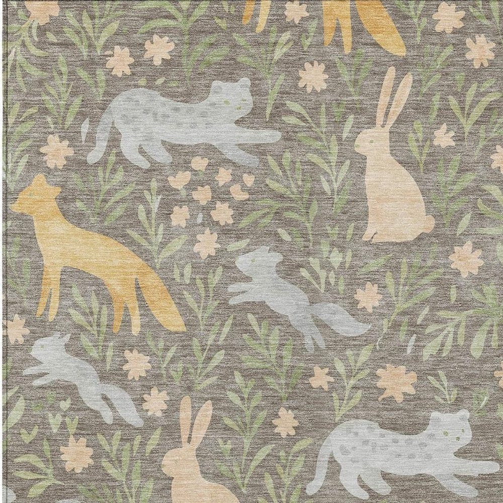 3' X 5' Taupe And Green Forest Animals And Botanical Leaves Washable Area Rug — view 10