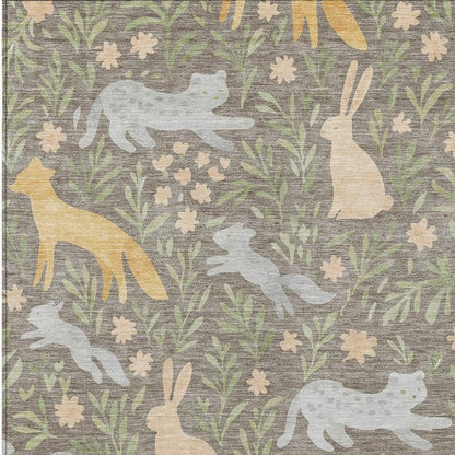 3' X 5' Taupe And Green Forest Animals And Botanical Leaves Washable Area Rug HomeRoots