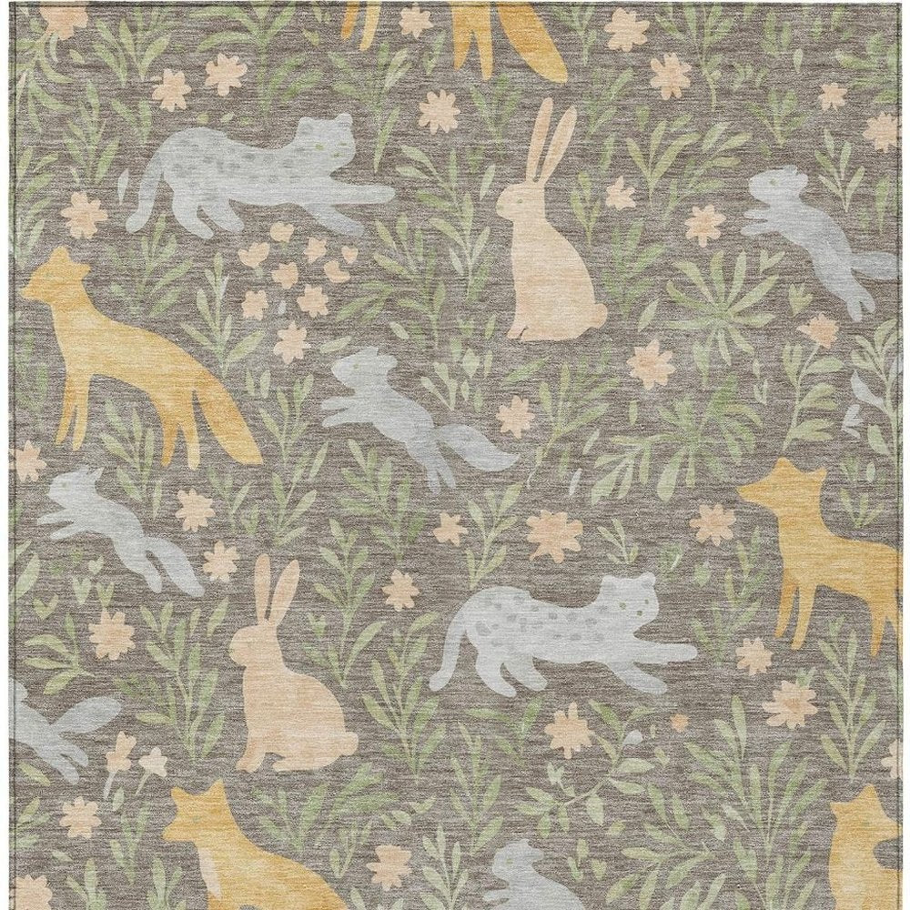 3' X 5' Taupe And Green Forest Animals And Botanical Leaves Washable Area Rug — view 11