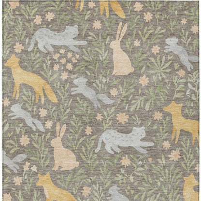 3' X 5' Taupe And Green Forest Animals And Botanical Leaves Washable Area Rug HomeRoots
