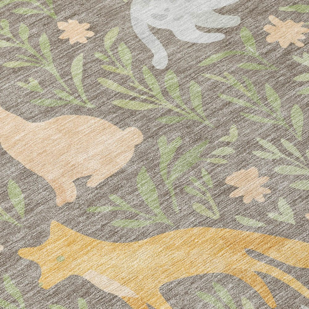 3' X 5' Taupe And Green Forest Animals And Botanical Leaves Washable Area Rug — view 9