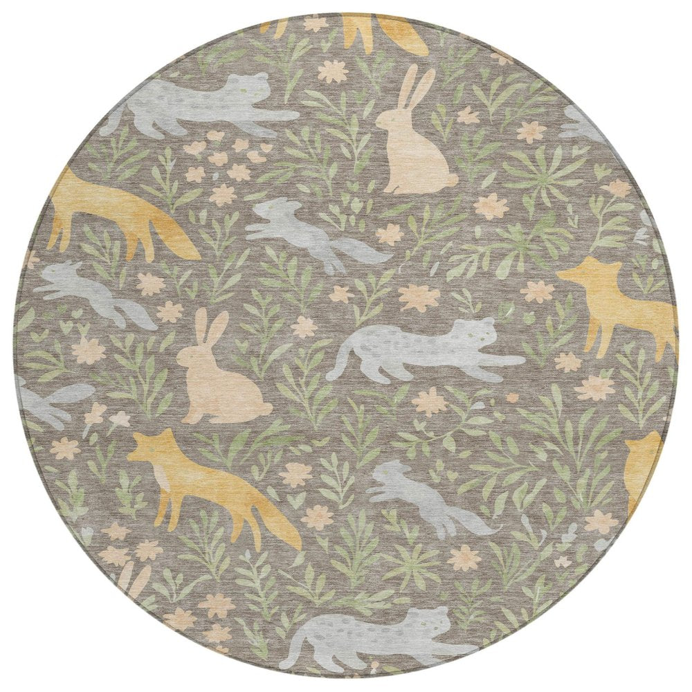 3' X 5' Taupe And Green Forest Animals And Botanical Leaves Washable Area Rug HomeRoots