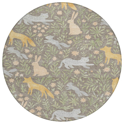 3' X 5' Taupe And Green Forest Animals And Botanical Leaves Washable Area Rug HomeRoots