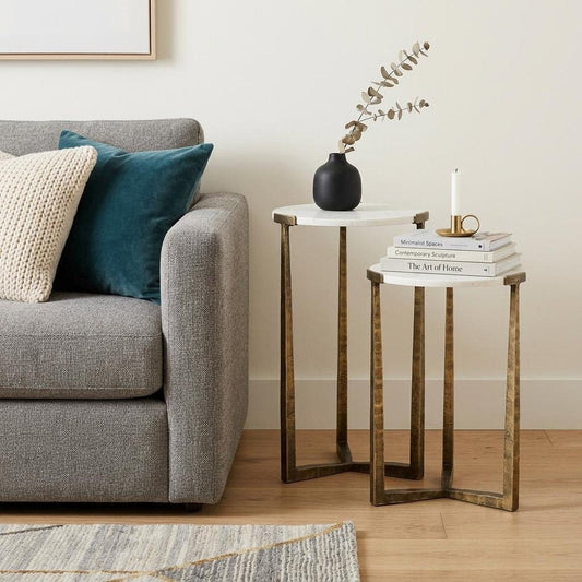 Set of Two White and Antiqued Gold Marble and Iron Round Cross Legs Nested Tables HomeRoots
