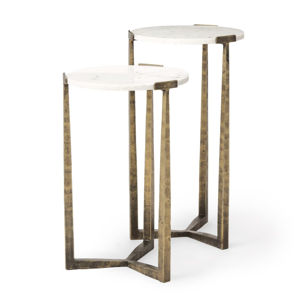 Set of Two White and Antiqued Gold Marble and Iron Round Cross Legs Nested Tables HomeRoots