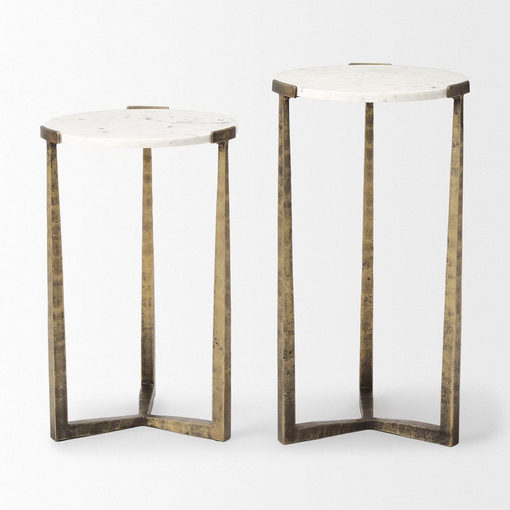 Set of Two White and Antiqued Gold Marble and Iron Round Cross Legs Nested Tables — view 2