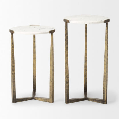 Set of Two White and Antiqued Gold Marble and Iron Round Cross Legs Nested Tables HomeRoots