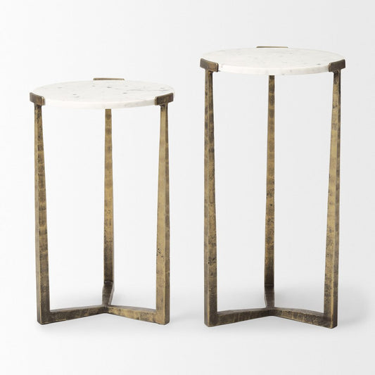Set of Two White and Antiqued Gold Marble and Iron Round Cross Legs Nested Tables