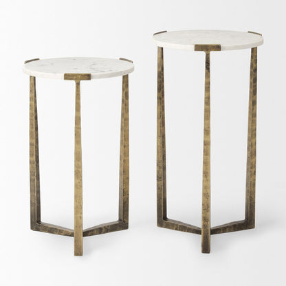 Set of Two White and Antiqued Gold Marble and Iron Round Cross Legs Nested Tables HomeRoots