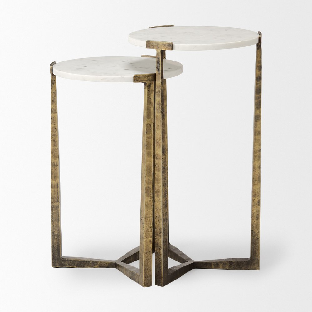 Set of Two White and Antiqued Gold Marble and Iron Round Cross Legs Nested Tables HomeRoots