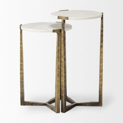 Set of Two White and Antiqued Gold Marble and Iron Round Cross Legs Nested Tables HomeRoots