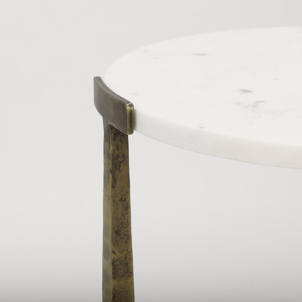 Set of Two White and Antiqued Gold Marble and Iron Round Cross Legs Nested Tables HomeRoots
