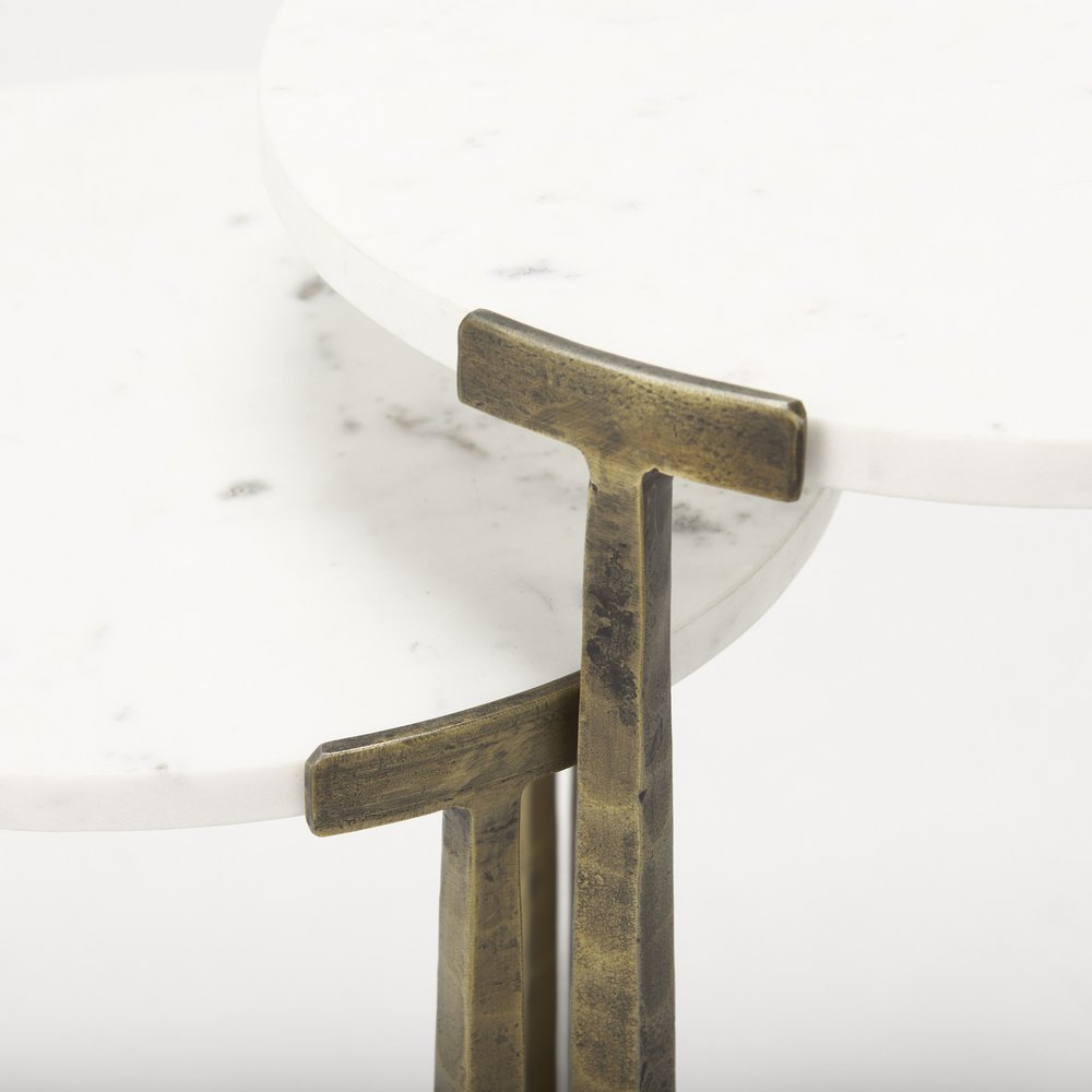 Set of Two White and Antiqued Gold Marble and Iron Round Cross Legs Nested Tables HomeRoots