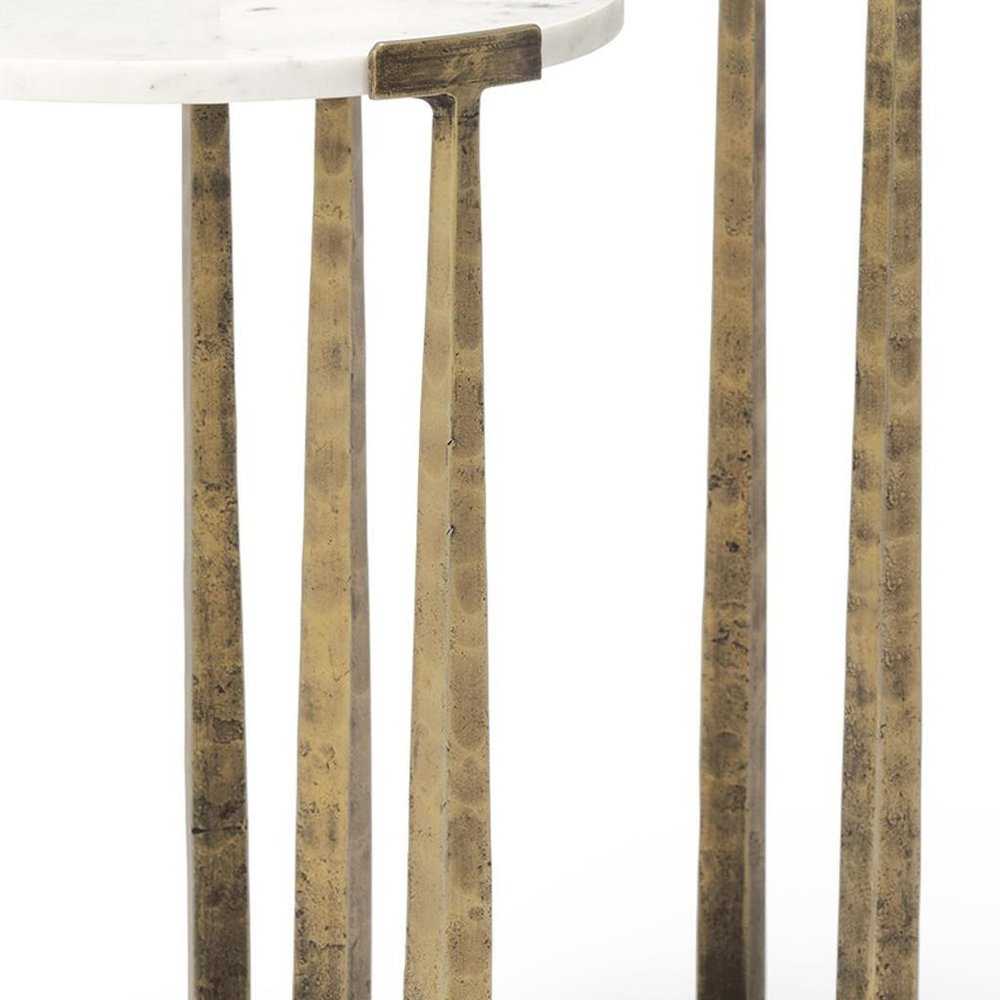 Set of Two White and Antiqued Gold Marble and Iron Round Cross Legs Nested Tables — view 6