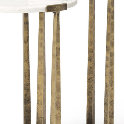 Set of Two White and Antiqued Gold Marble and Iron Round Cross Legs Nested Tables HomeRoots