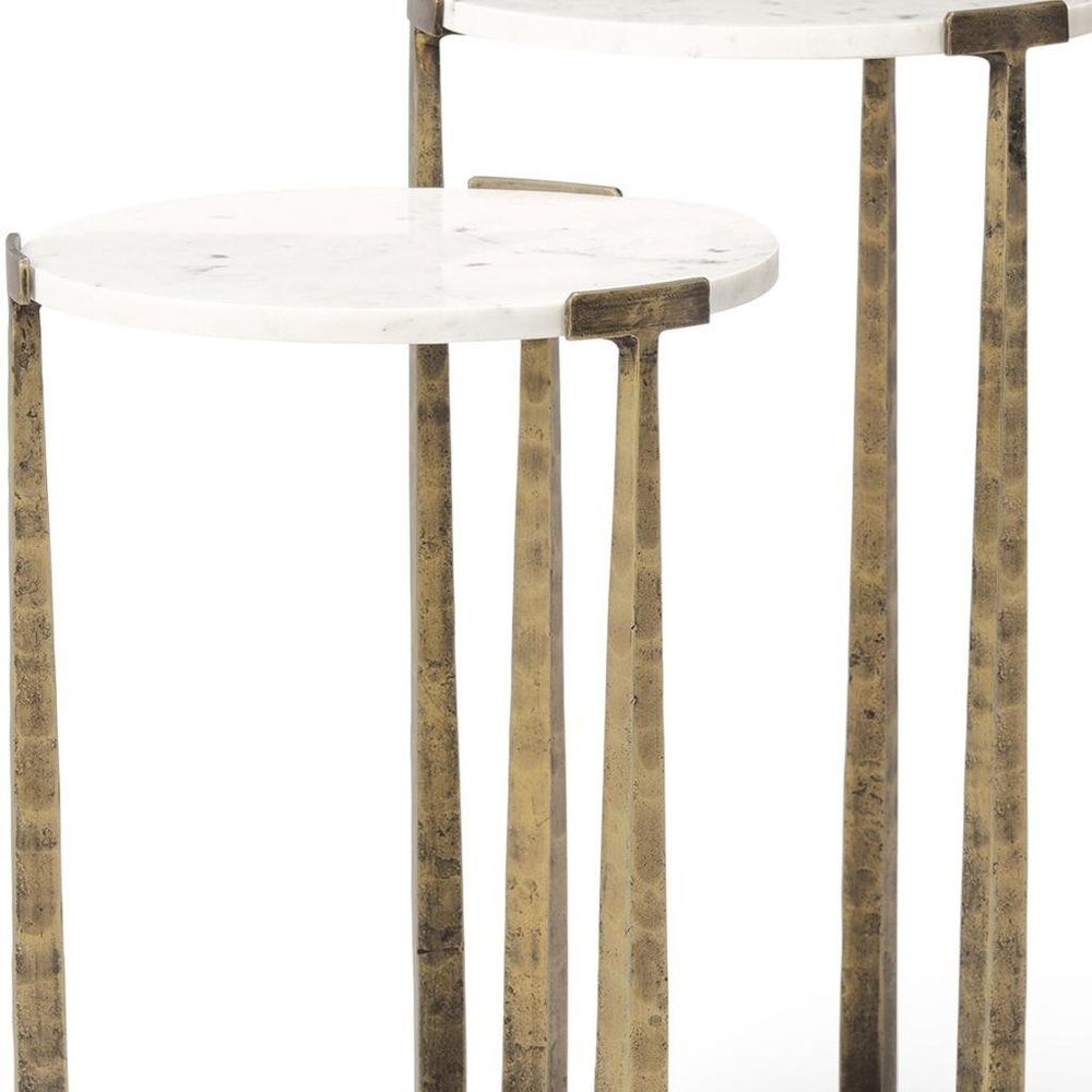 Set of Two White and Antiqued Gold Marble and Iron Round Cross Legs Nested Tables HomeRoots
