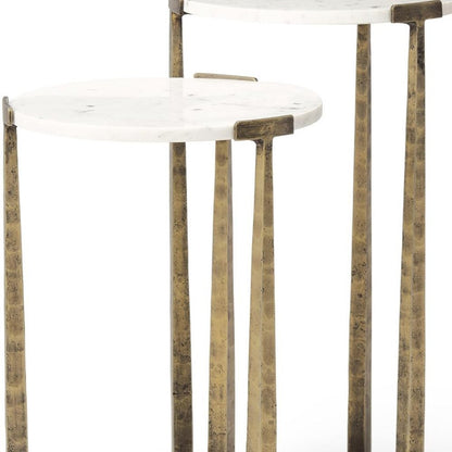Set of Two White and Antiqued Gold Marble and Iron Round Cross Legs Nested Tables HomeRoots