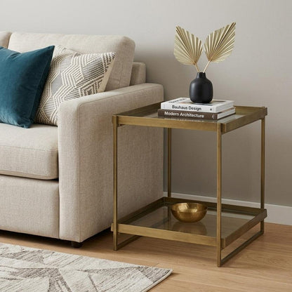 24" Clear And Gold Glass And Iron Square Frame End Table With Shelf