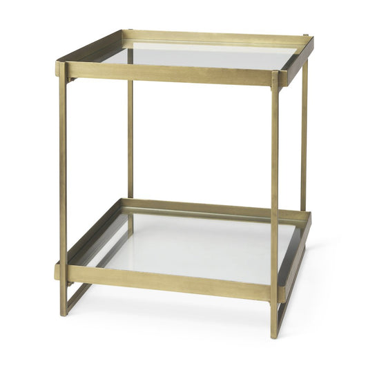 24" Clear And Gold Glass And Iron Square Frame End Table With Shelf