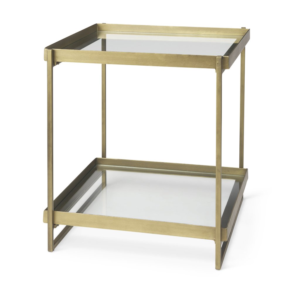 24" Clear and Gold Tempered Glass and Iron Square End Table With Shelf — view 4