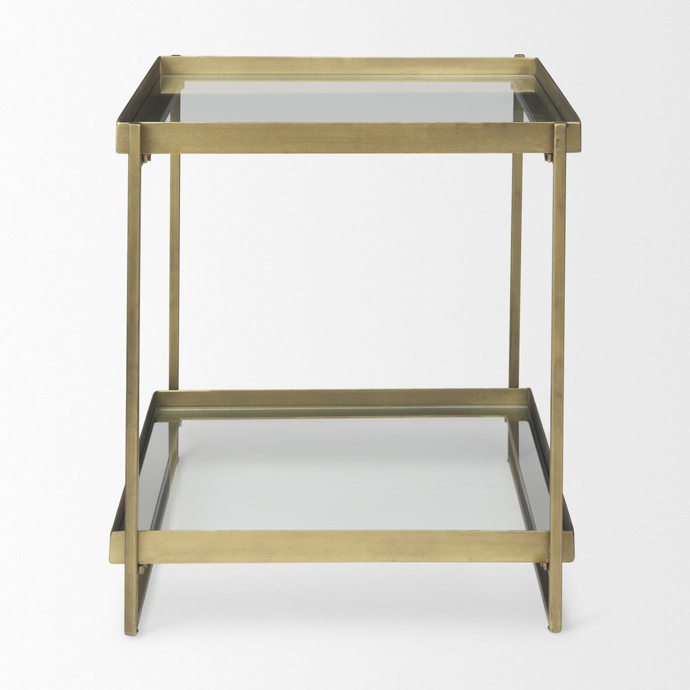 24" Clear and Gold Tempered Glass and Iron Square End Table With Shelf — view 2