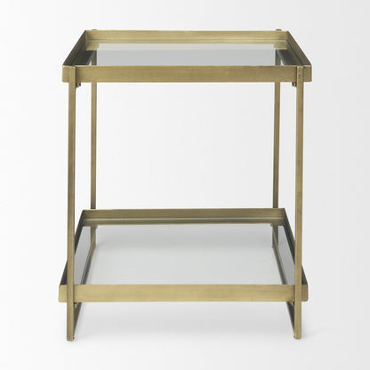 24" Clear And Gold Glass And Iron Square Frame End Table With Shelf
