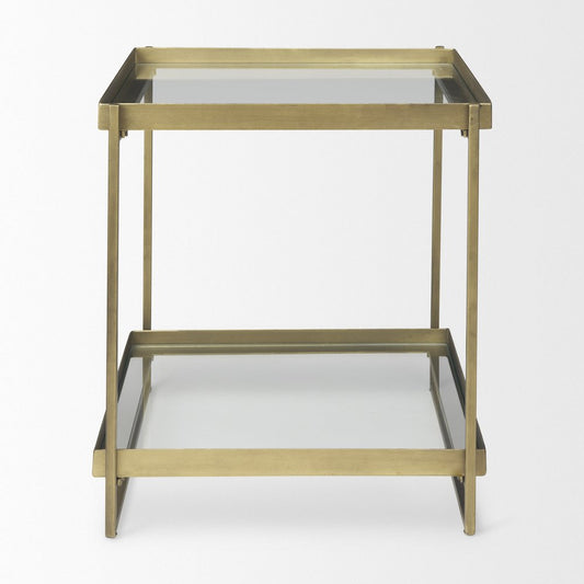 24" Clear And Gold Glass And Iron Square Frame End Table With Shelf
