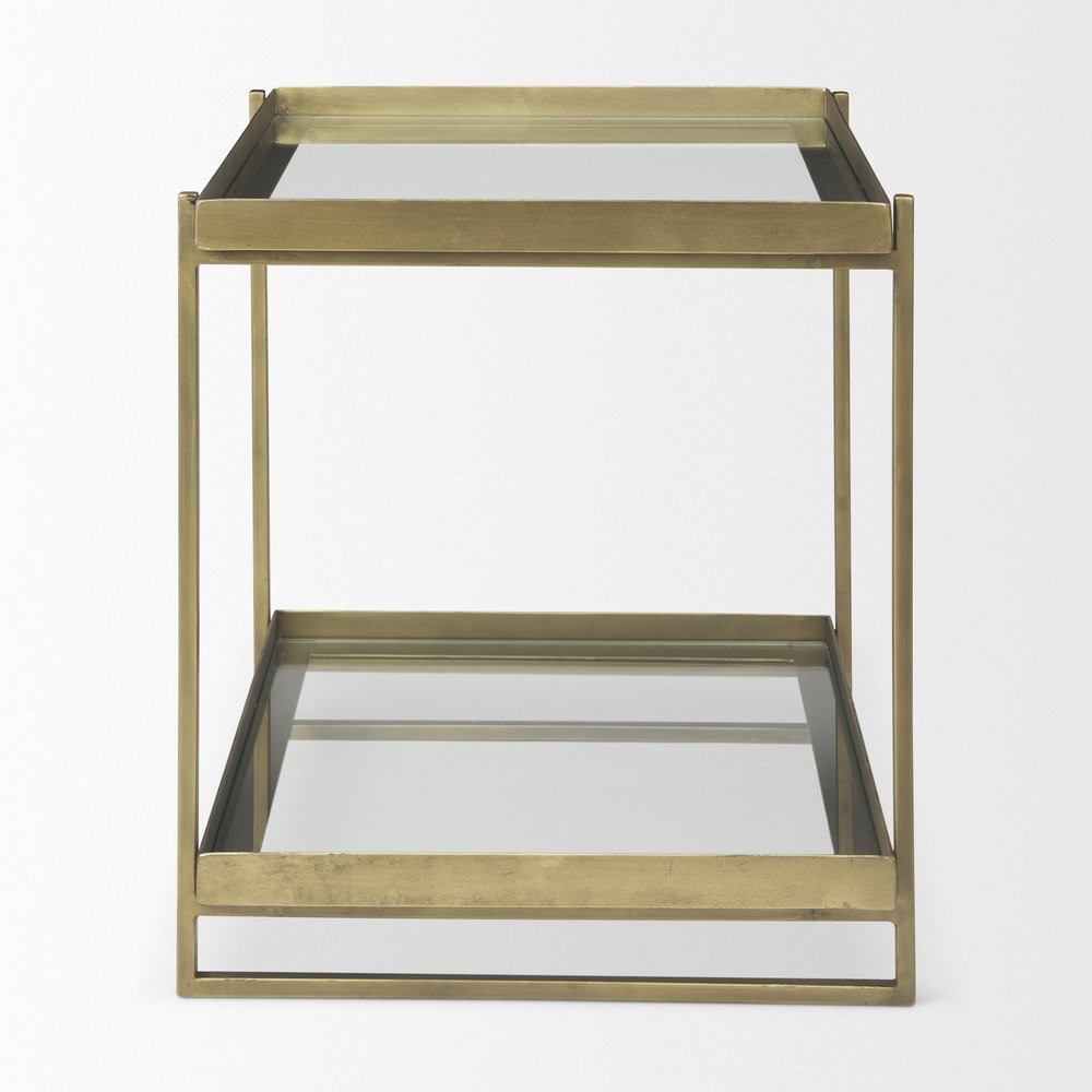 24" Clear And Gold Glass And Iron Square Frame End Table With Shelf — view 3