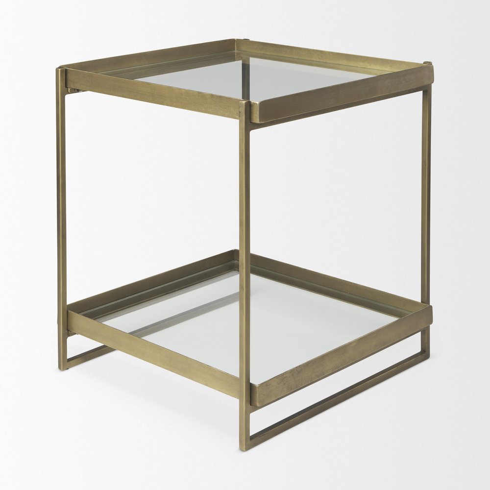 24" Clear And Gold Glass And Iron Square Frame End Table With Shelf