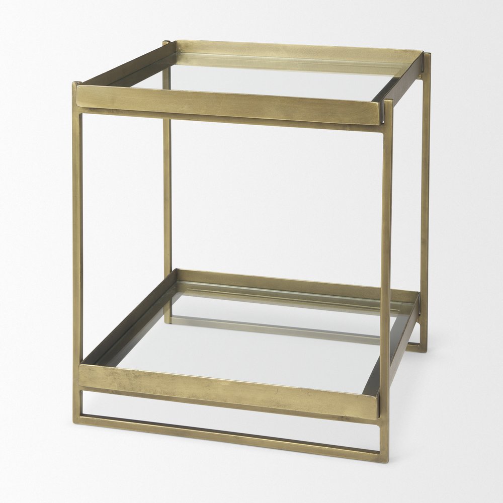 24" Clear And Gold Glass And Iron Square Frame End Table With Shelf