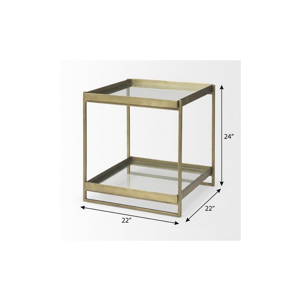 24" Clear and Gold Tempered Glass and Iron Square End Table With Shelf — view 9