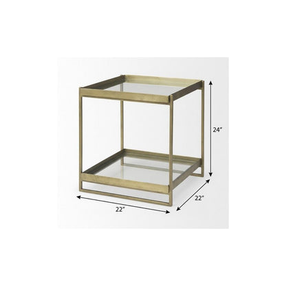 24" Clear and Gold Tempered Glass and Iron Square End Table With Shelf HomeRoots