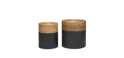 Set of Two Beige and Black Rattan and Solid Wood Round Drum Nested Tables HomeRoots