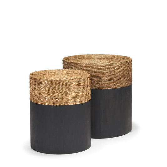 Set of Two Beige and Black Rattan and Solid Wood Round Drum Nested Tables