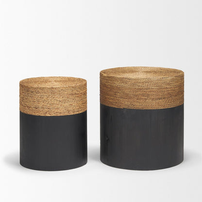Set of Two Beige and Black Rattan and Solid Wood Round Drum Nested Tables HomeRoots