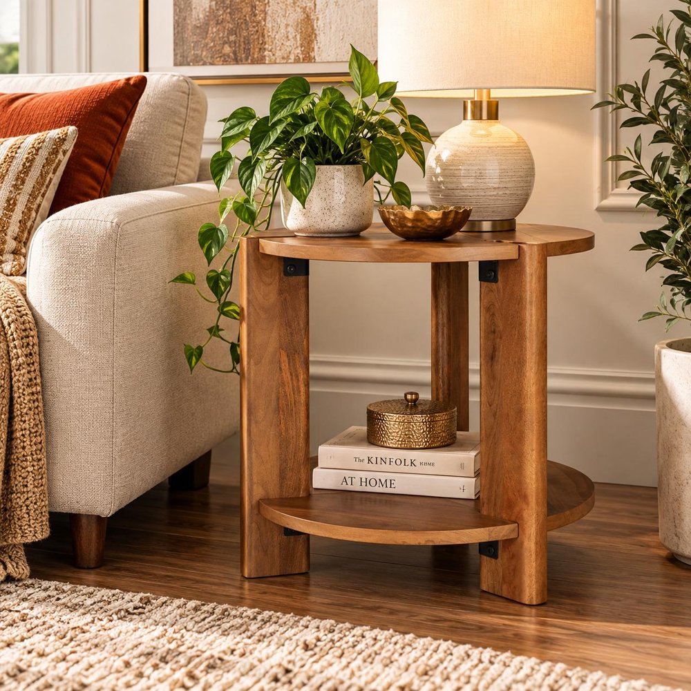 26" Brown Solid Wood Round End Table With Shelf — view 10