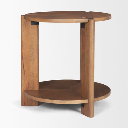 26" Brown Solid Wood Round End Table With Shelf