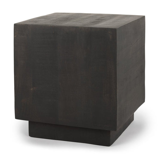 24" Dark Brown Distressed Solid Wood Square Block End Table