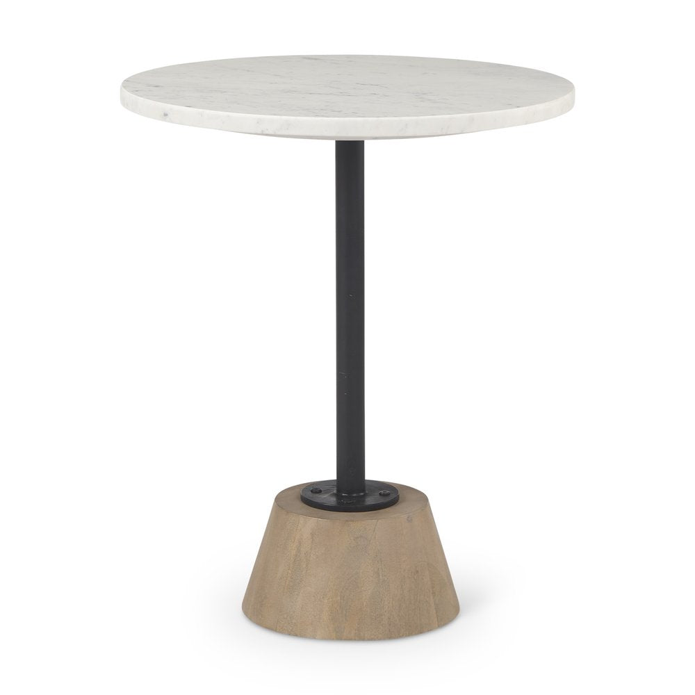 24" White Black and Natural Marble Iron and Solid Wood Round Pedestal End Table — view 1