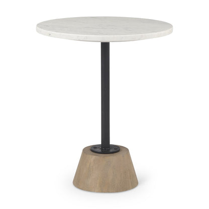 24" White Black and Natural Marble Iron and Solid Wood Round Pedestal End Table HomeRoots
