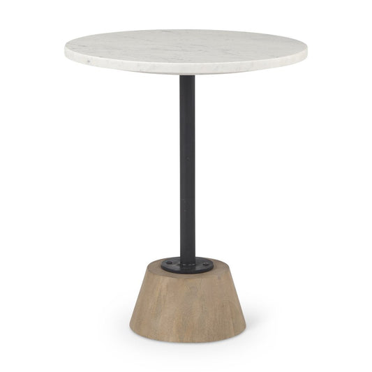 24" White Black and Natural Marble Iron and Solid Wood Round Pedestal End Table