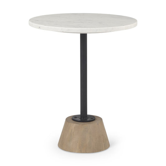 24" White Black and Natural Marble Iron and Solid Wood Round Pedestal End Table