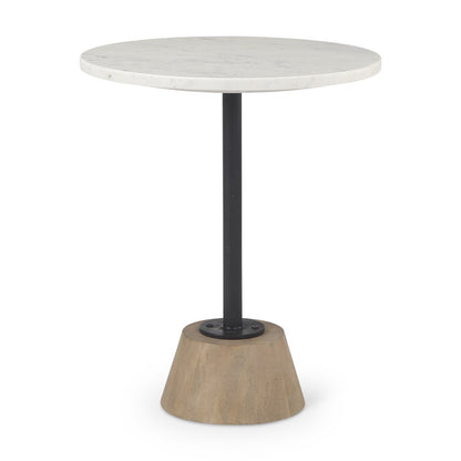24" White Black and Natural Marble Iron and Solid Wood Round Pedestal End Table