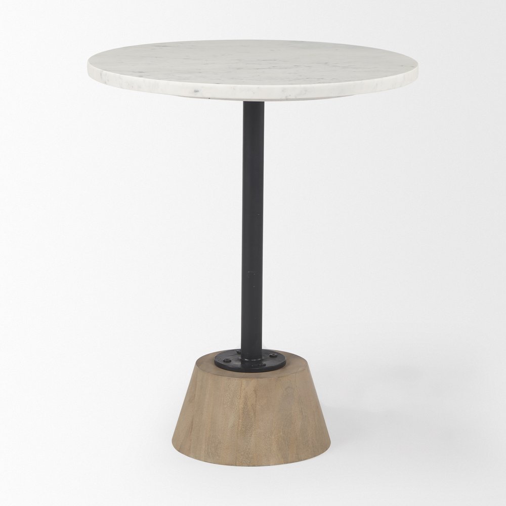 24" White Black and Natural Marble Iron and Solid Wood Round Pedestal End Table — view 2