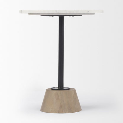 24" White Black and Natural Marble Iron and Solid Wood Round Pedestal End Table